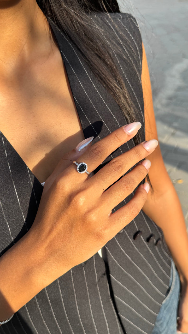 Black Onyx Halo Silver Ring-Elegant Oval Black Stone
