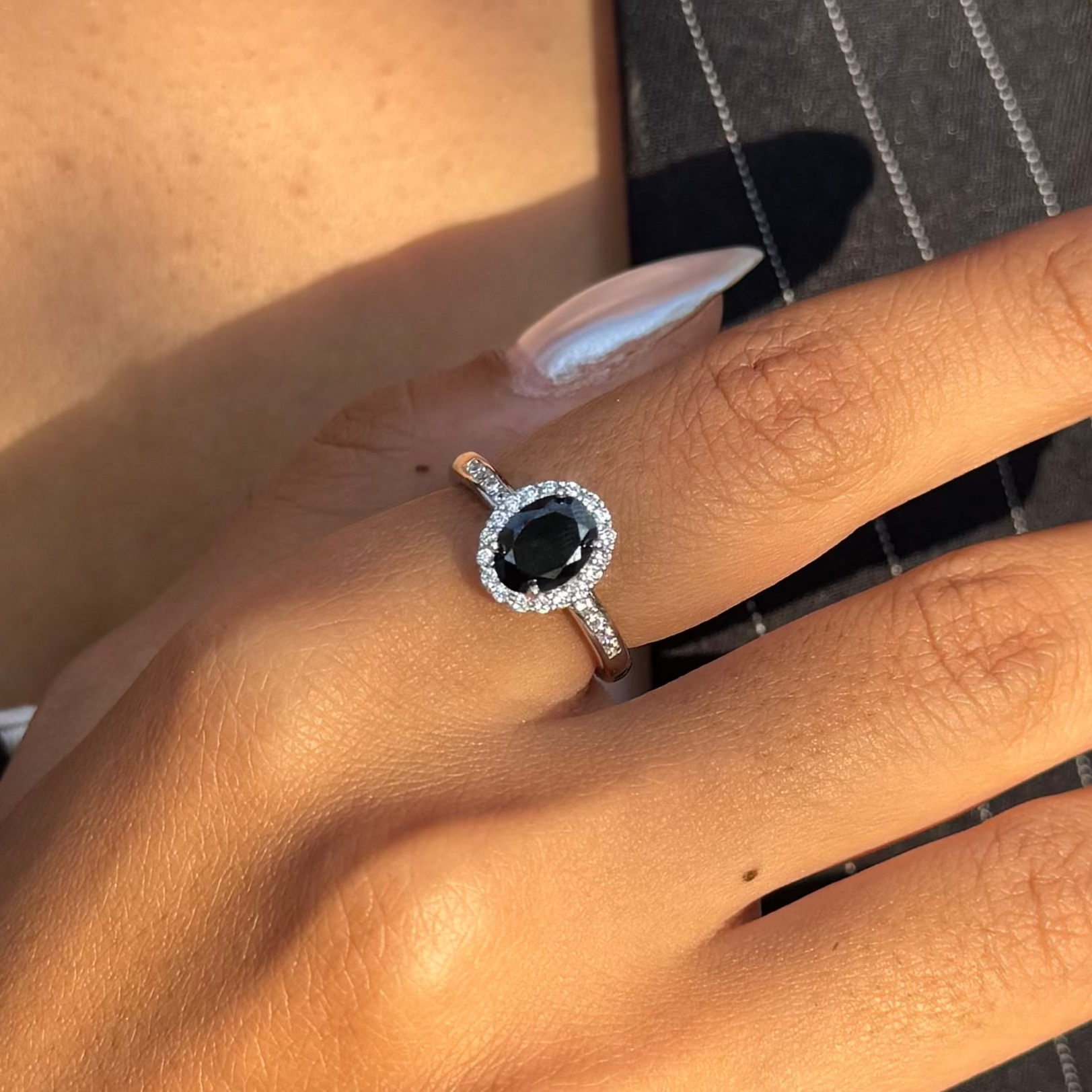 Black Onyx Halo Silver Ring-Elegant Oval Black Stone
