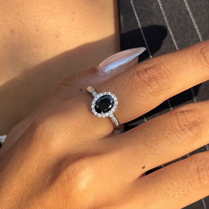 Black Onyx Halo Silver Ring-Elegant Oval Black Stone