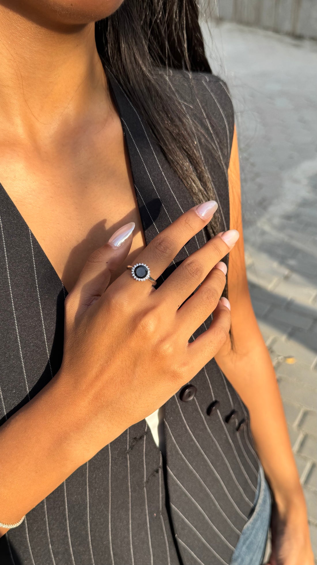 Silver Halo Ring with Black Zircon Stone