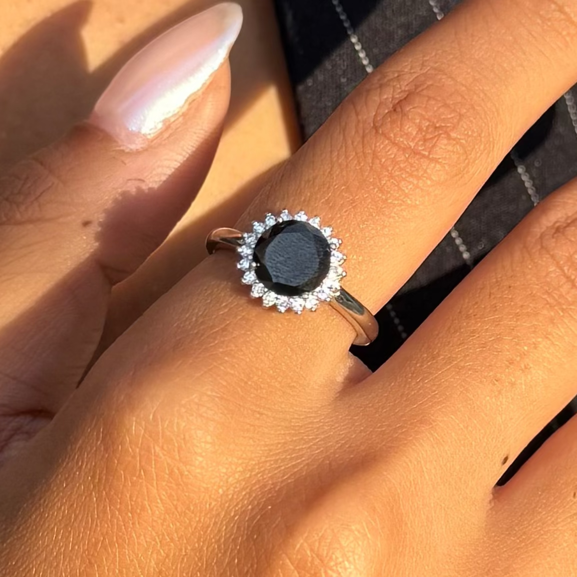 Silver Halo Ring with Black Zircon Stone