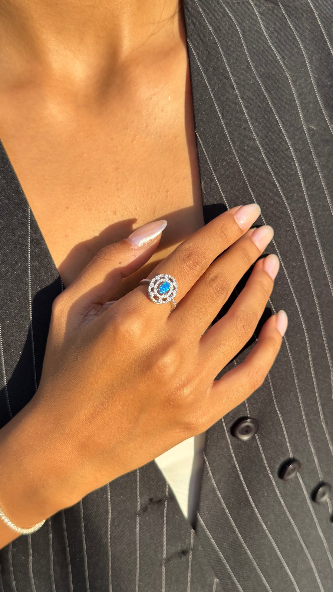 Double Halo Blue Oval Ring