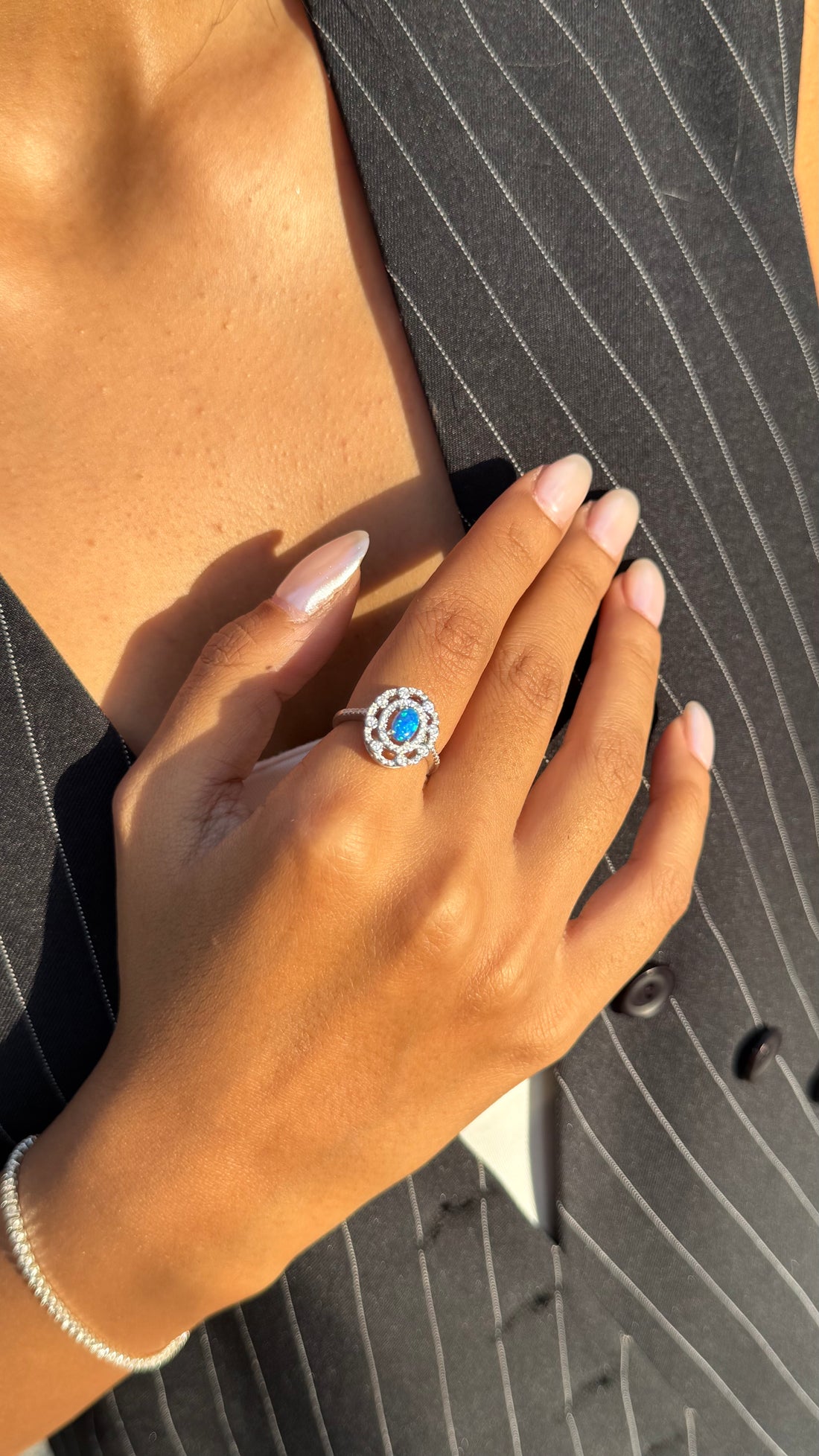 Double Halo Blue Oval Ring