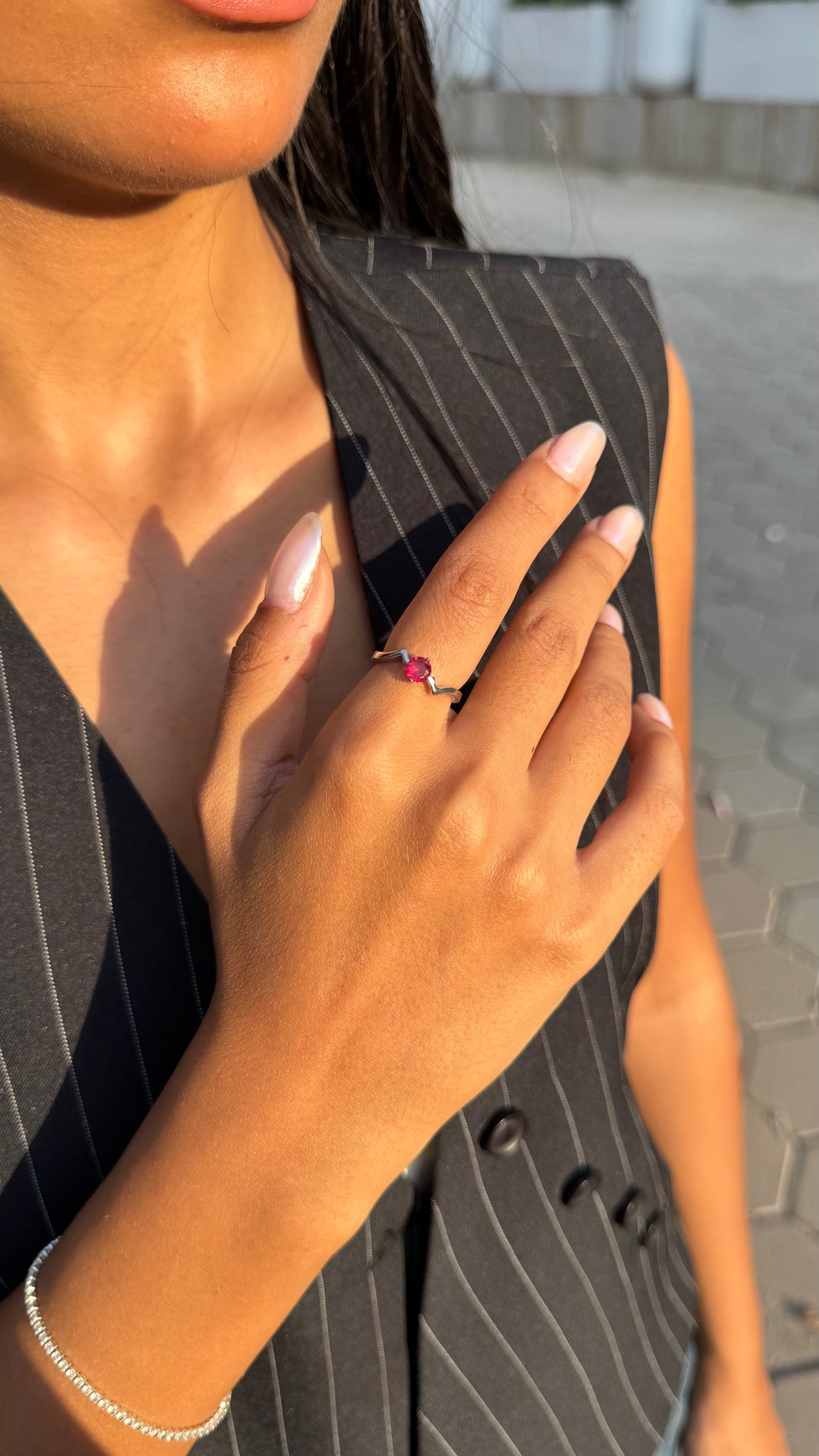 Ruby Heart Duo Silver Ring - Sterling Silver 925