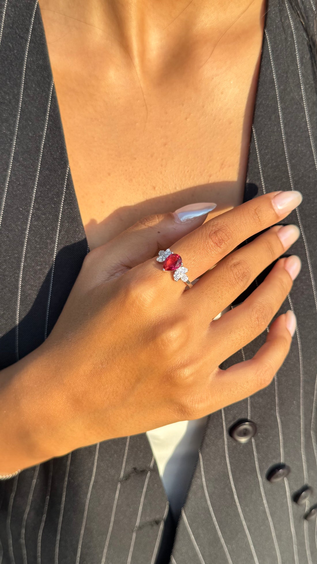 Red Triple-Stone Silver Ring