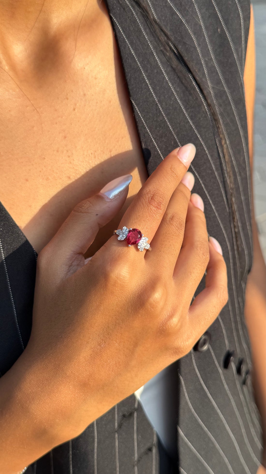 Red Triple-Stone Silver Ring