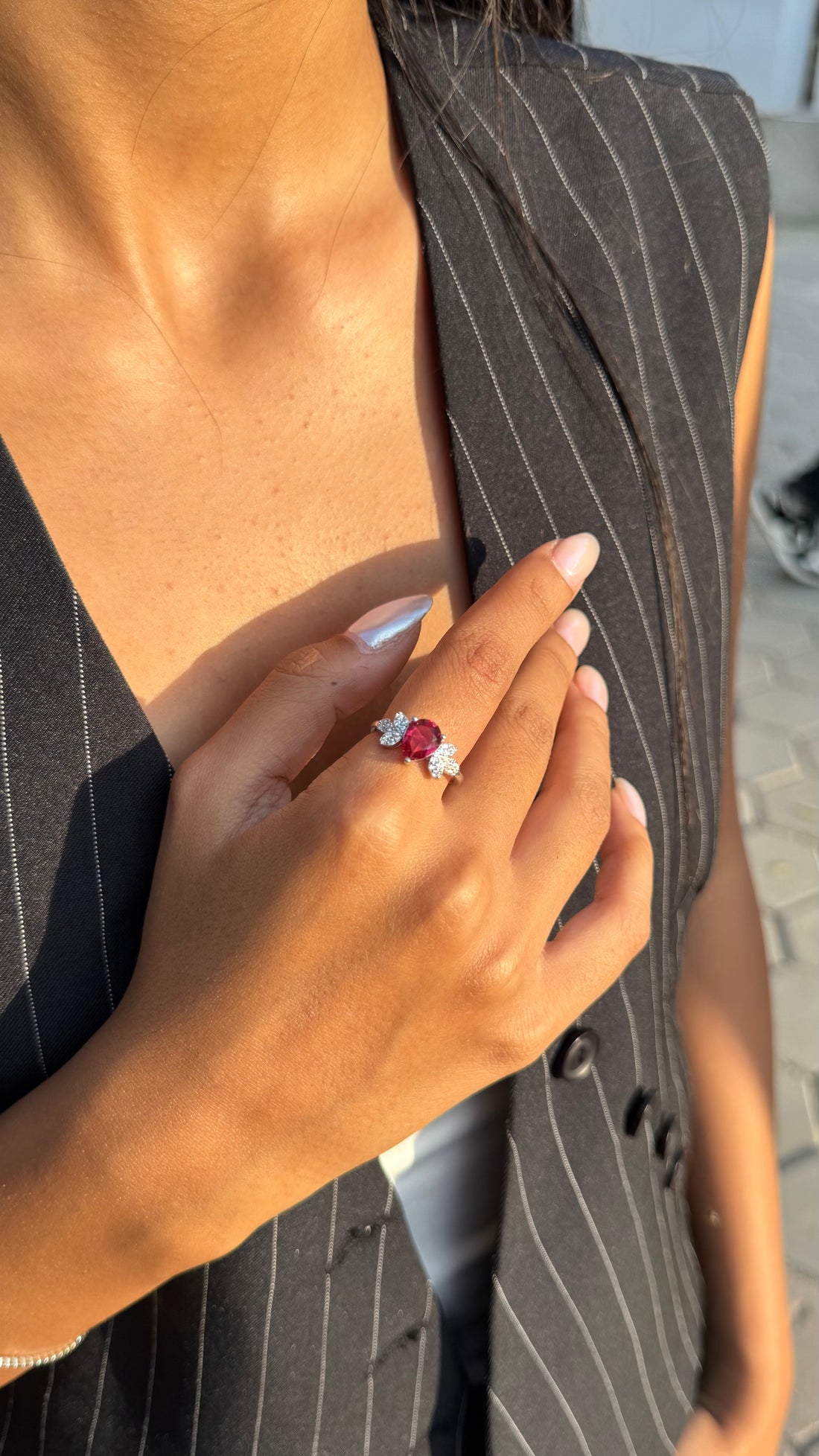Red Triple-Stone Silver Ring