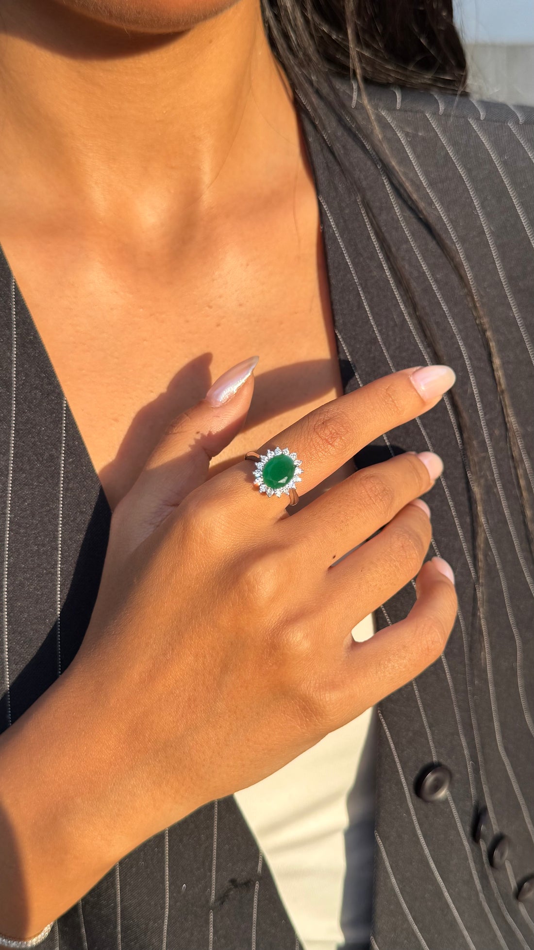 Green Oval Sparkle Silver Ring