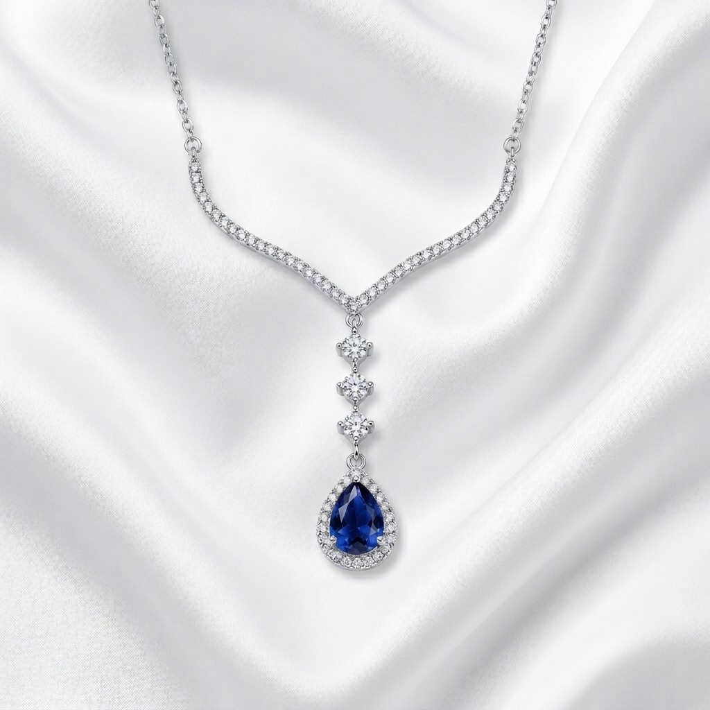 Midnight Blue Teardrop Statement Necklace - Luxury Zircon Drop - Sterling Silver 925