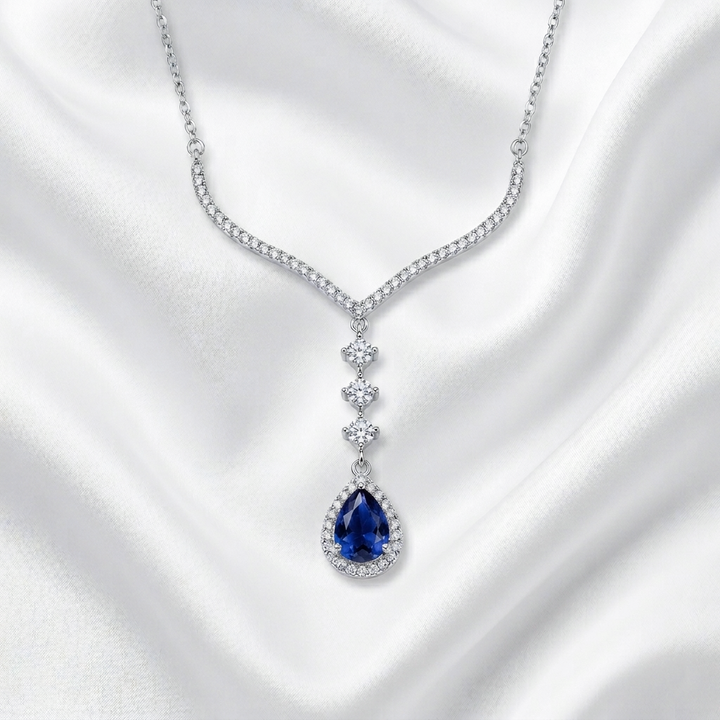 Midnight Blue Teardrop Statement Necklace - Luxury Zircon Drop - Sterling Silver 925