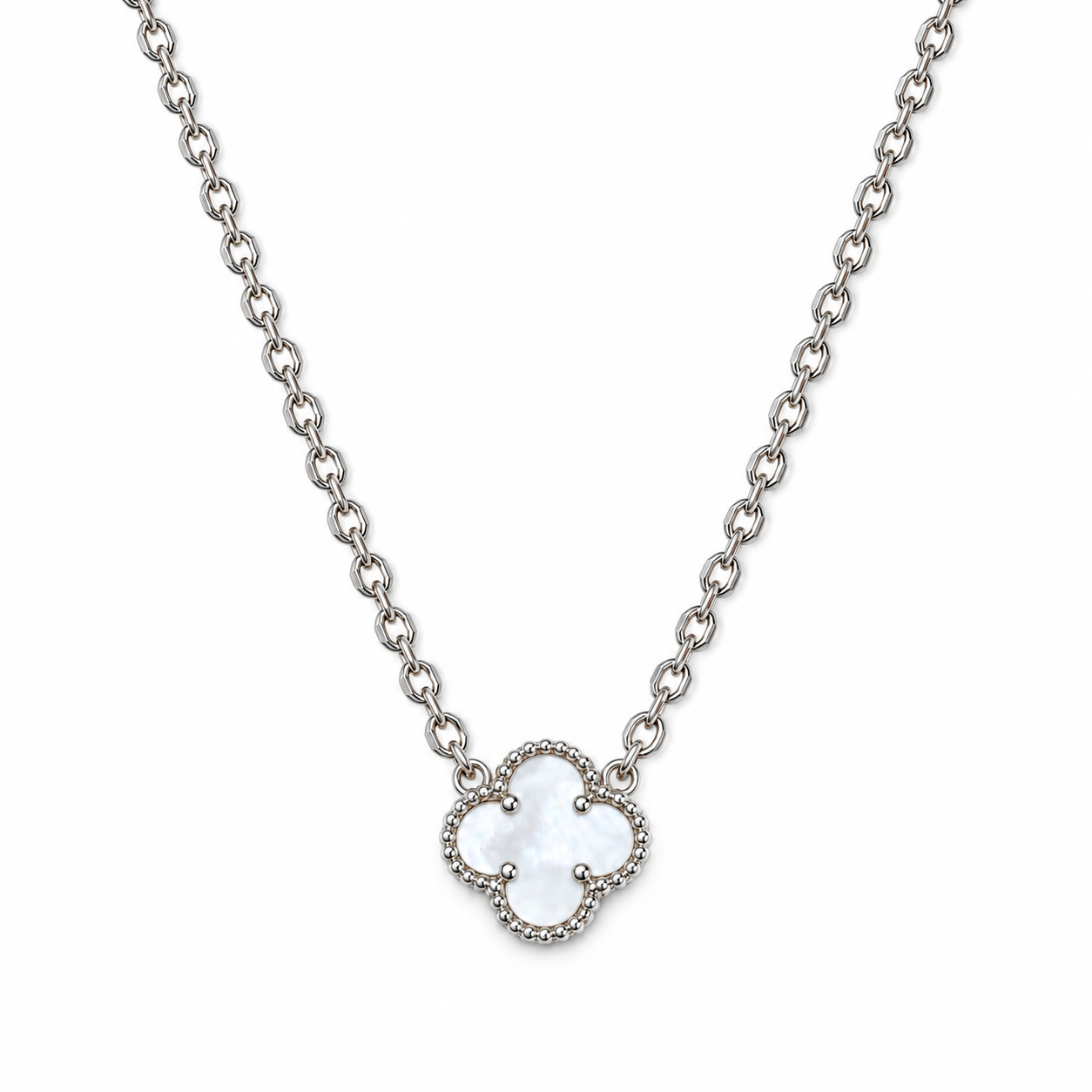 925 Sterling Silver White Mother of Pearl Clover Necklace – 1cm Pendant