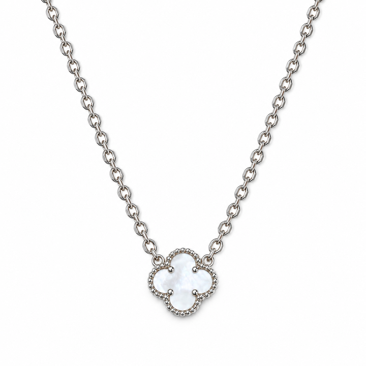 925 Sterling Silver White Mother of Pearl Clover Necklace – 1cm Pendant