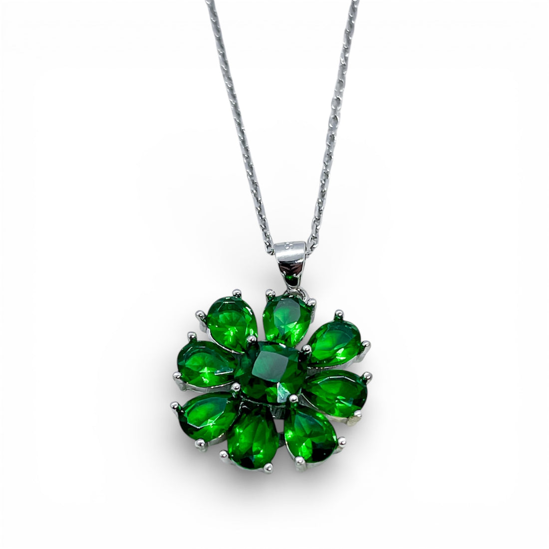 Emerald Bloom Necklace – 925 Sterling Silver Green Crystal Pendant