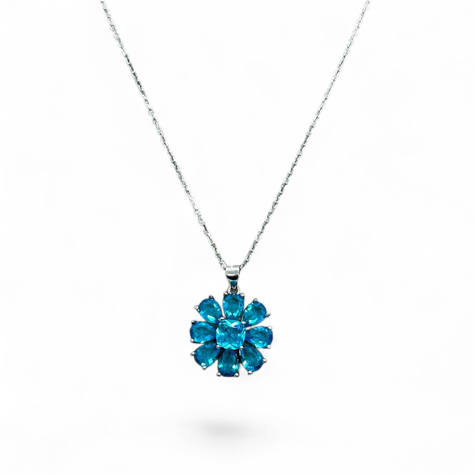 Ocean Bloom Necklace – 925 Sterling Silver Blue Crystal Flower Pendant
