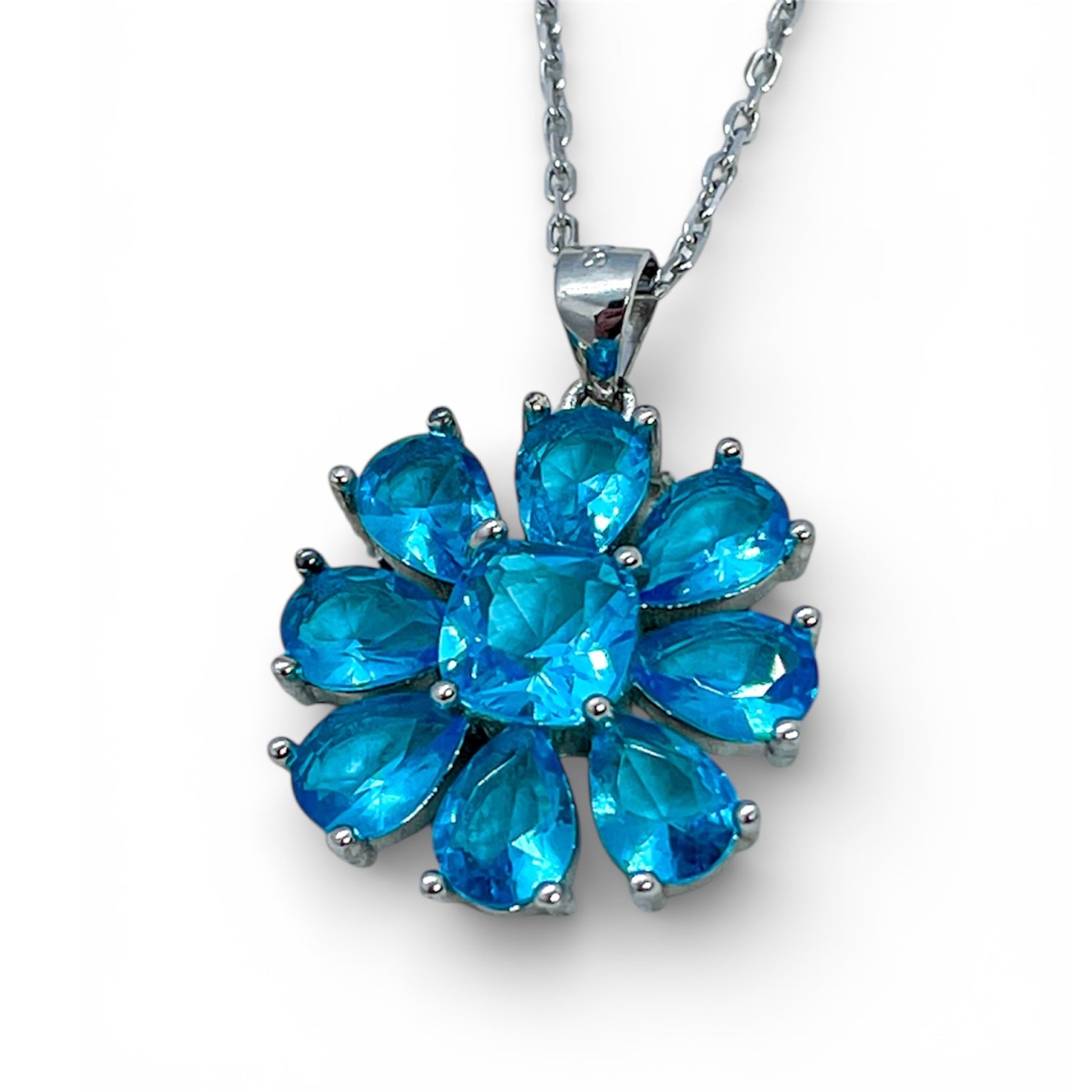 Ocean Bloom Necklace – 925 Sterling Silver Blue Crystal Flower Pendant