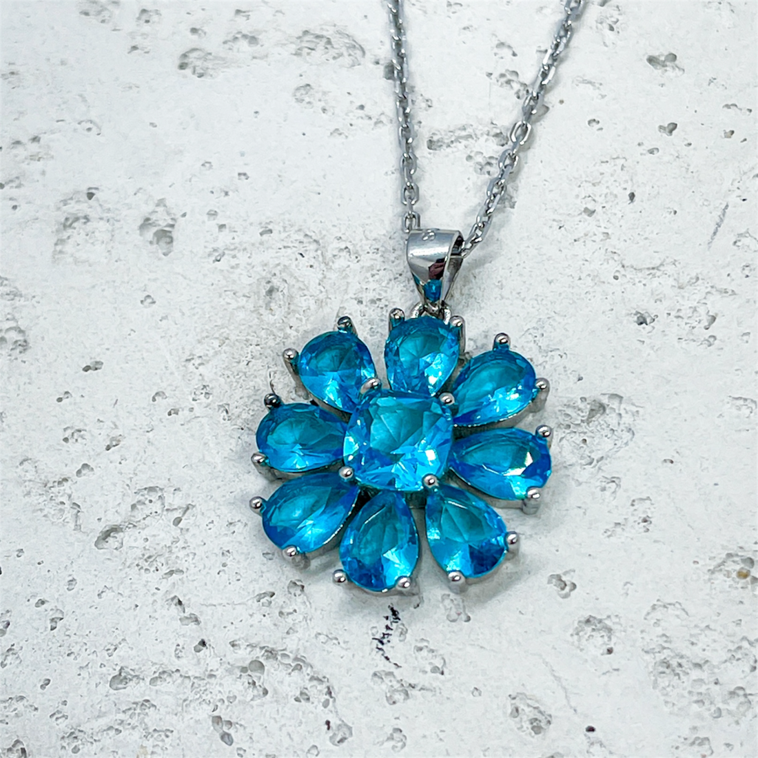 Ocean Bloom Necklace – 925 Sterling Silver Blue Crystal Flower Pendant