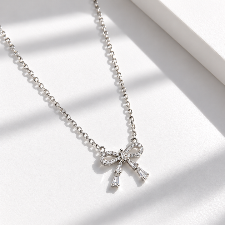 Crystal Bow Pendant Necklace with Sparkling Stone Details