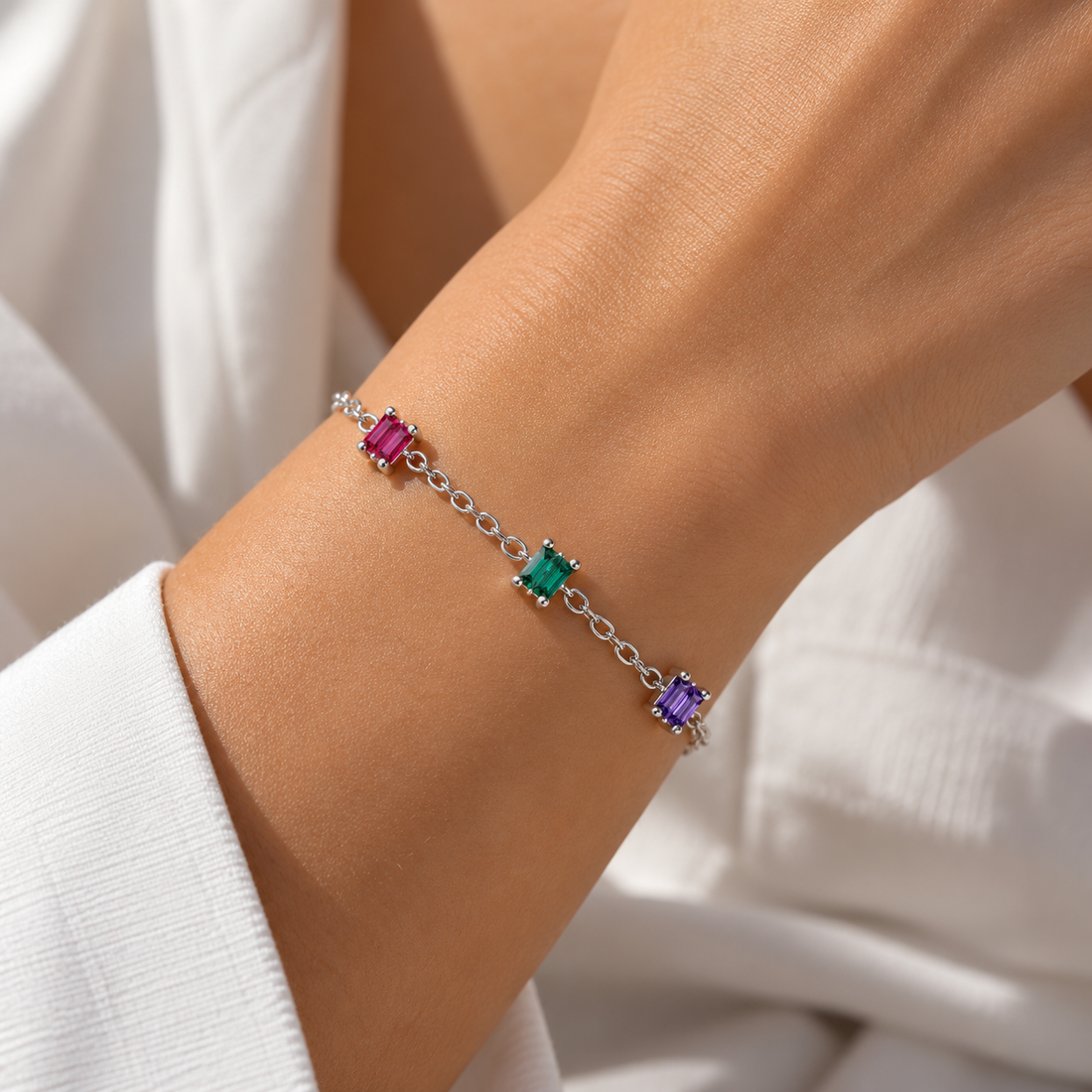 Multicolor Baguette Gemstone Bracelet in Sterling Silver