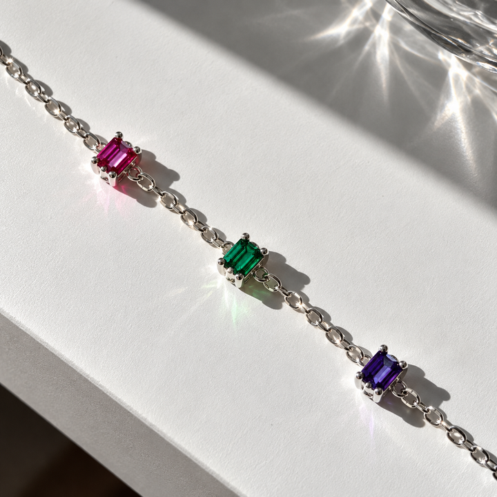 Multicolor Baguette Gemstone Bracelet in Sterling Silver