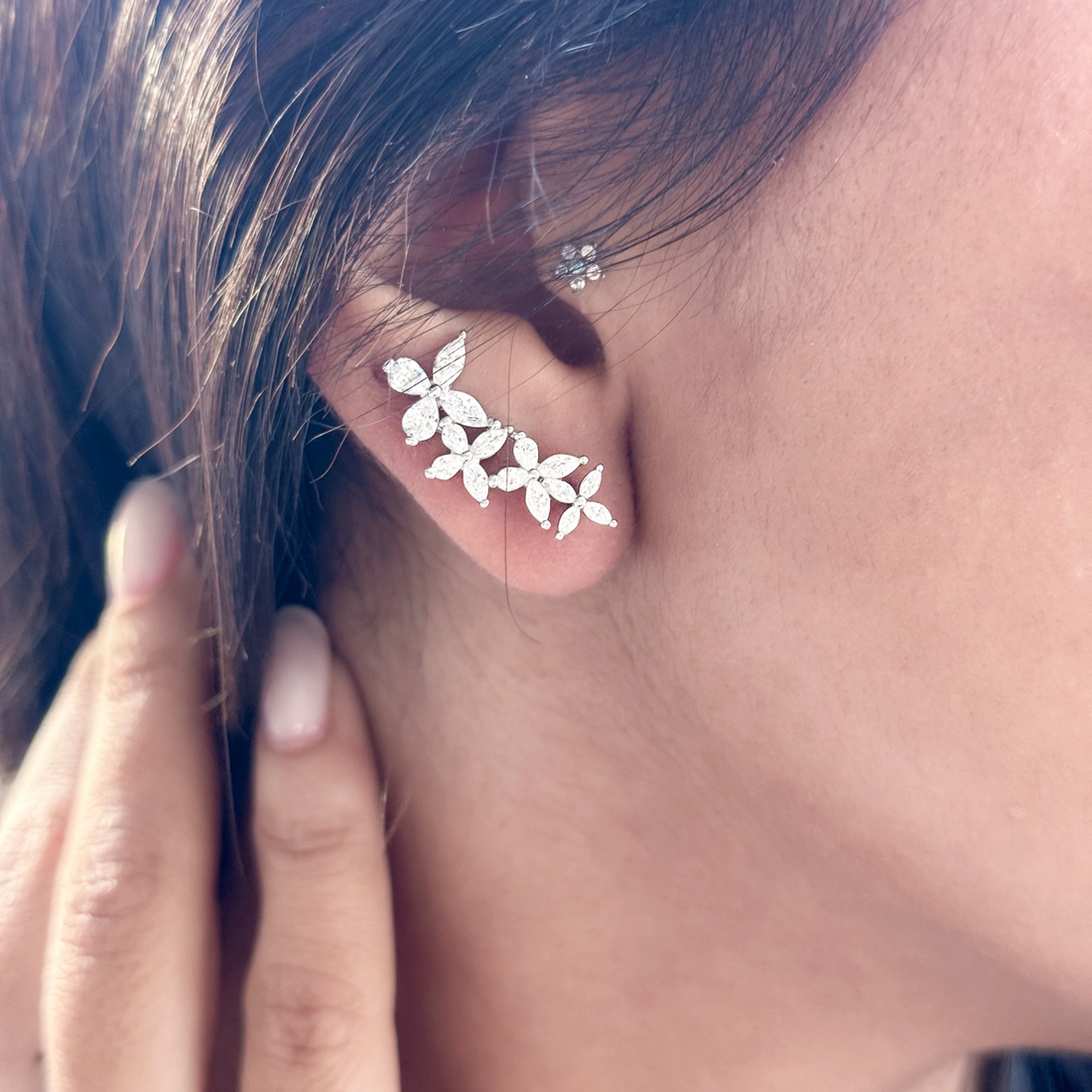 Floral Leaf Silver Ear Climbers – 925 Sterling Silver