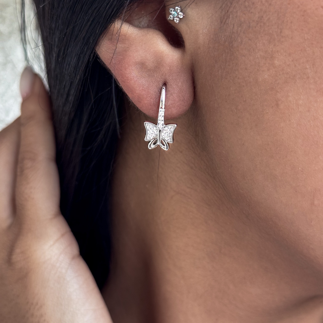 Butterfly Drop Hoop Earrings – 925 Sterling Silver