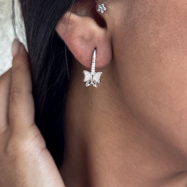 Butterfly Drop Hoop Earrings – 925 Sterling Silver